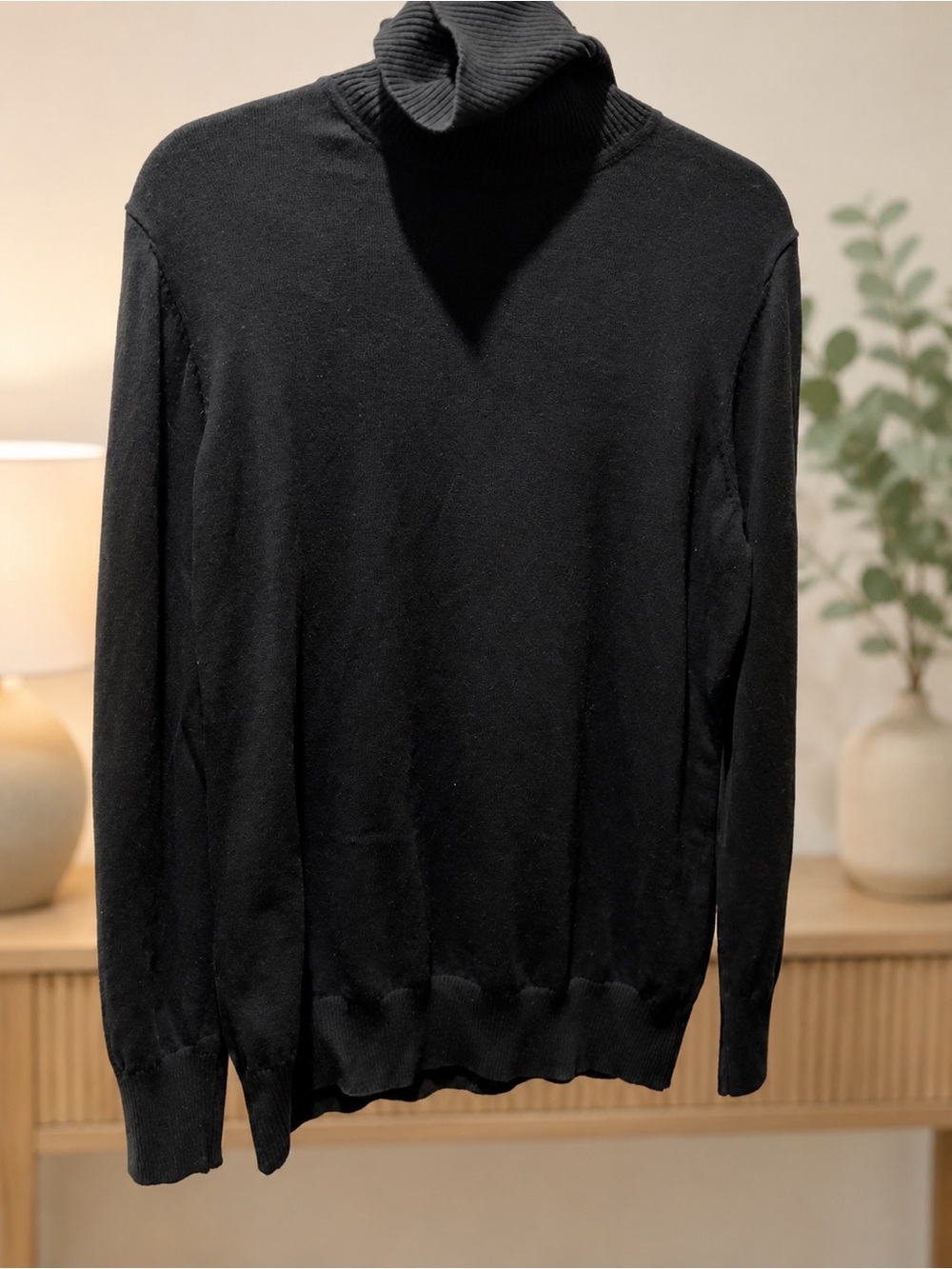 L.L.Bean Women’s L Tall Black Cotton Cashmere Turtleneck Sweater Open Knit